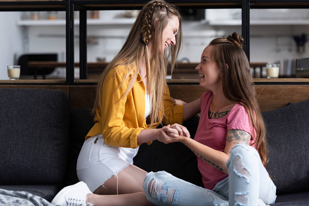 due lesbiche sorridenti che si tengono per mano mentre si siedono sul divano in soggiorno
 - Foto, immagini