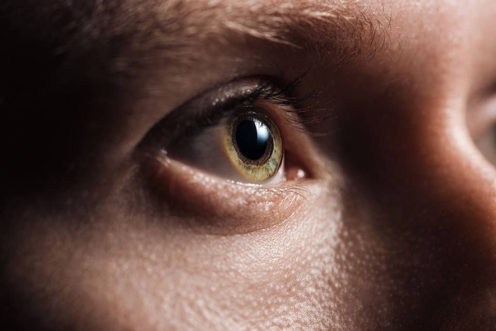 крупним планом вид людського ока з віями і брови, дивлячись в темряві
 - Фото, зображення