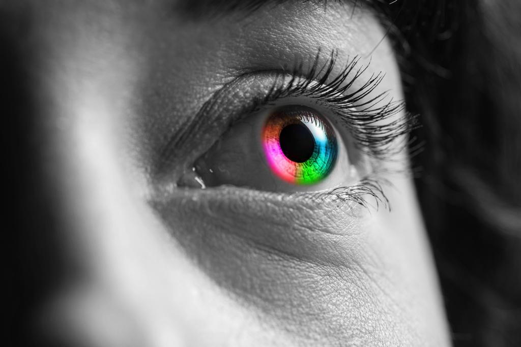 black and white shot of human with rainbow colors eye - Photo, Image