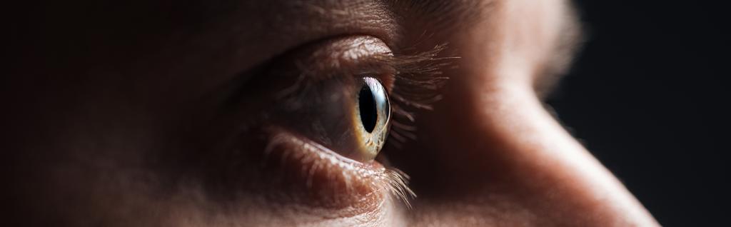 közelről kilátás az emberi szem szempillák látszó el a sötétben, panoráma lövés - Fotó, kép