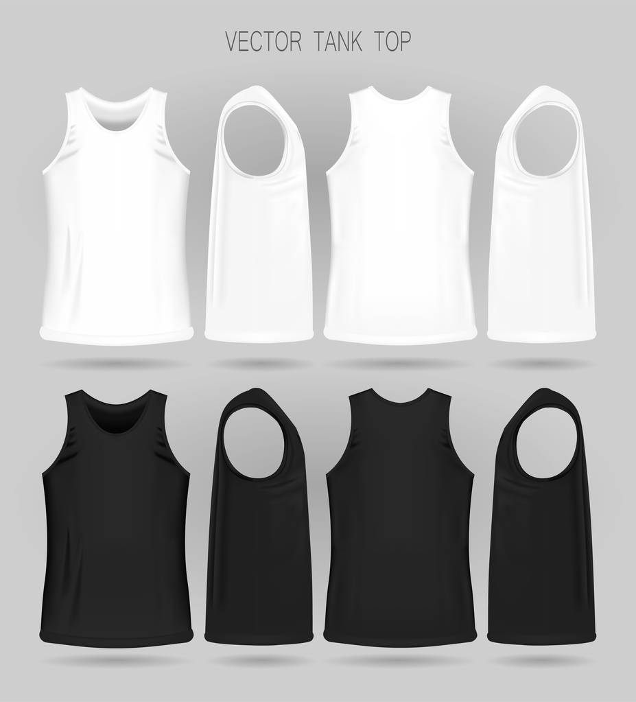 Plantilla de camiseta blanca y negra para hombre en tres dimensiones: vista frontal, lateral y trasera
. - Vector, Imagen