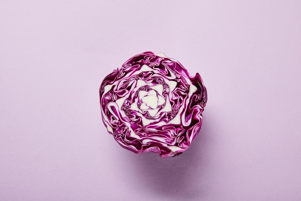 top view of ripe red cabbage on violet background with copy space - Photo, Image