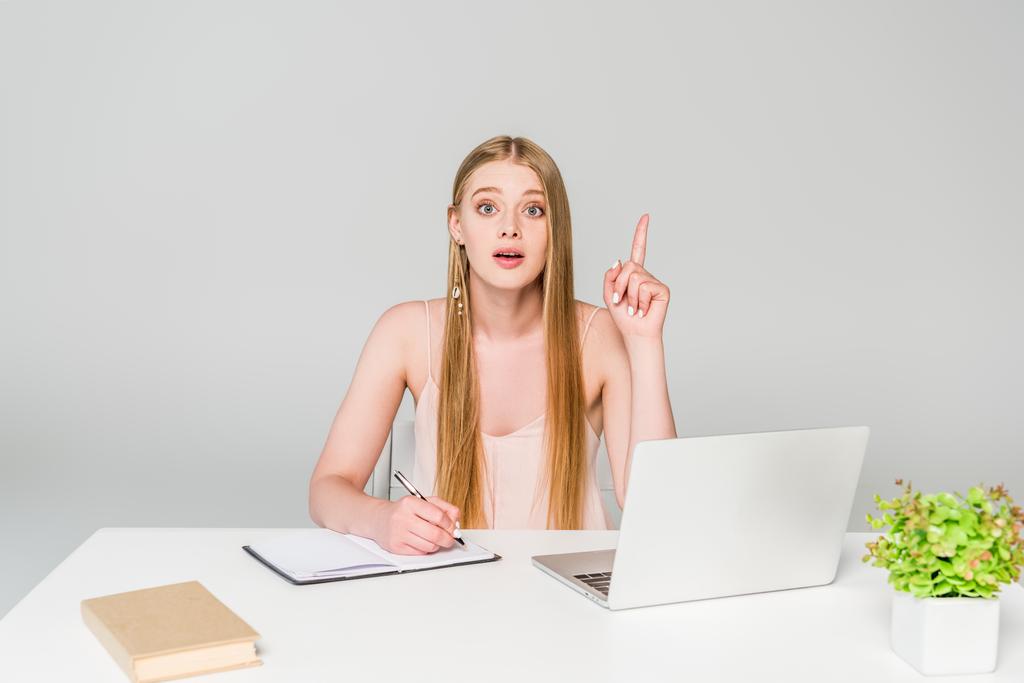 beautiful girl sitting at computer desk and showing idea gesture isolated on grey - Photo, Image