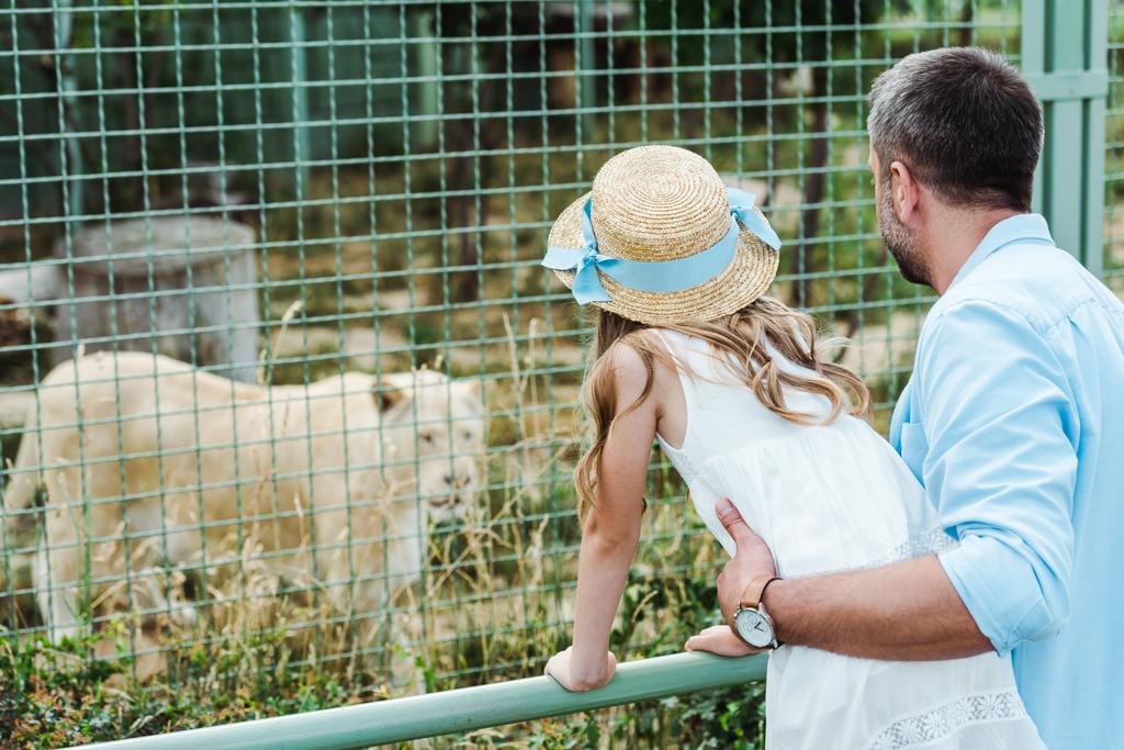 niño y papá de pie en el zoológico y mirando al león en la jaula
  - Foto, imagen
