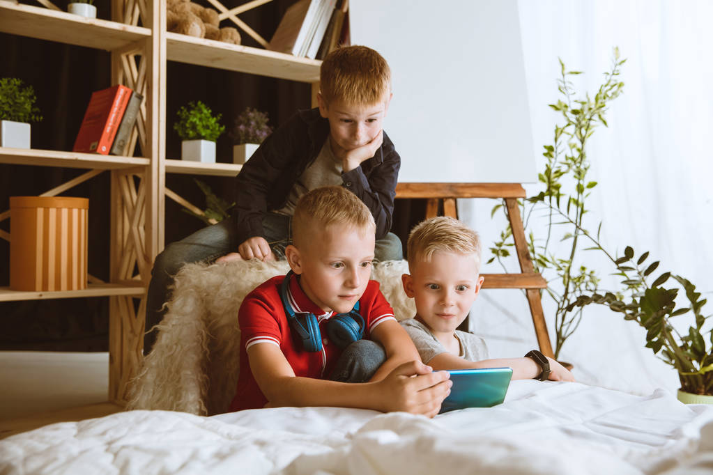 Μικρά αγόρια που χρησιμοποιούν διαφορετικές μικροεφαρμογές στο σπίτι - Φωτογραφία, εικόνα