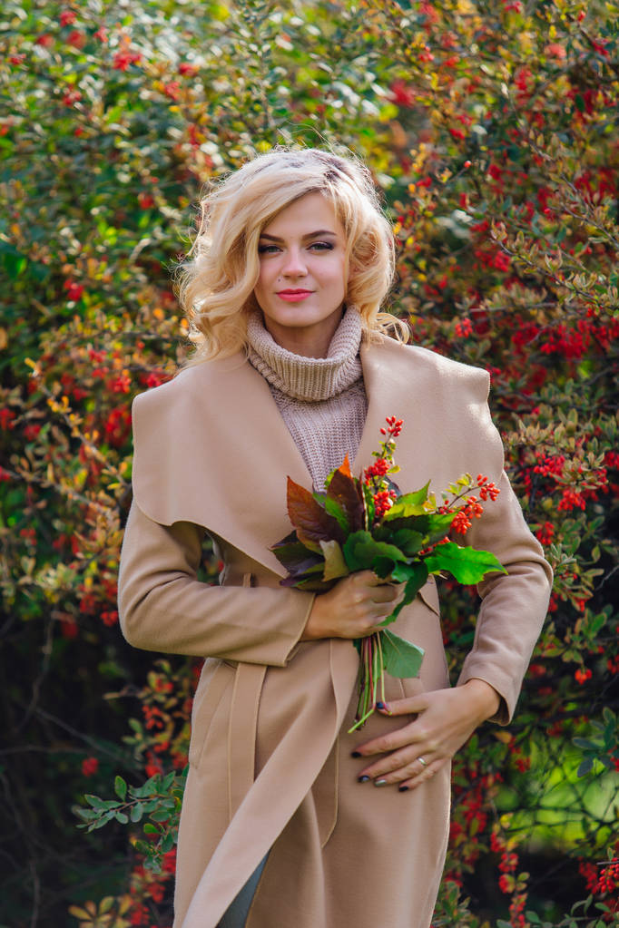 Krásná elegantní žena, která stála příští dřišťálu v podzimní parketě - Fotografie, Obrázek