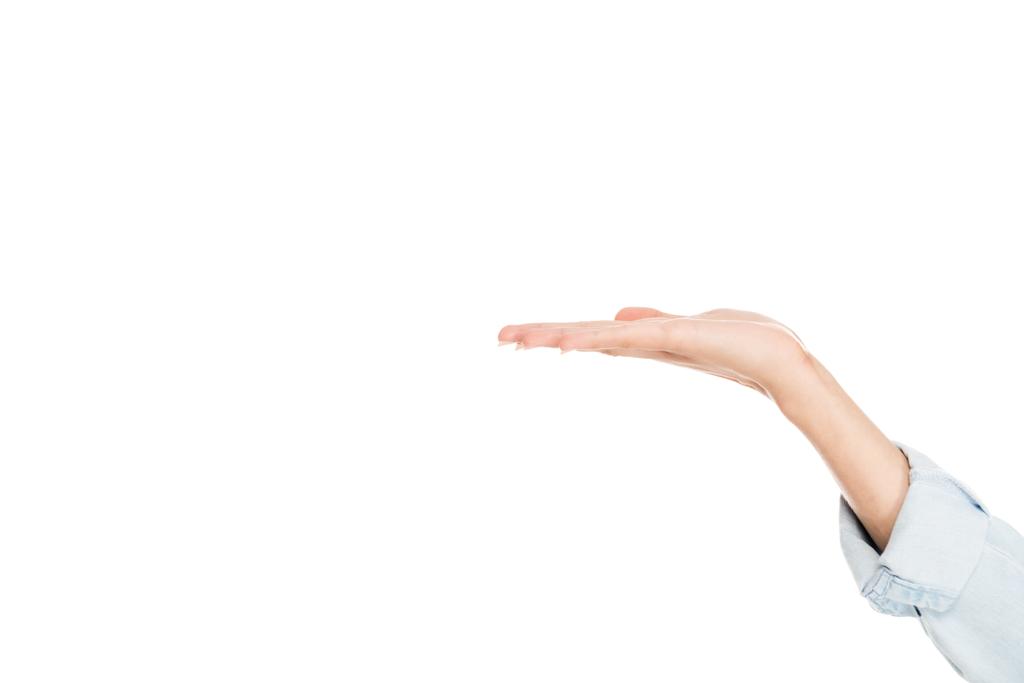 vista cortada da mulher apontando com a mão isolada no branco
 - Foto, Imagem