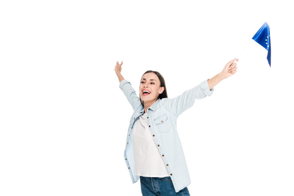 excited girl in denim jacket holding flag of Europe isolated on white - Photo, Image