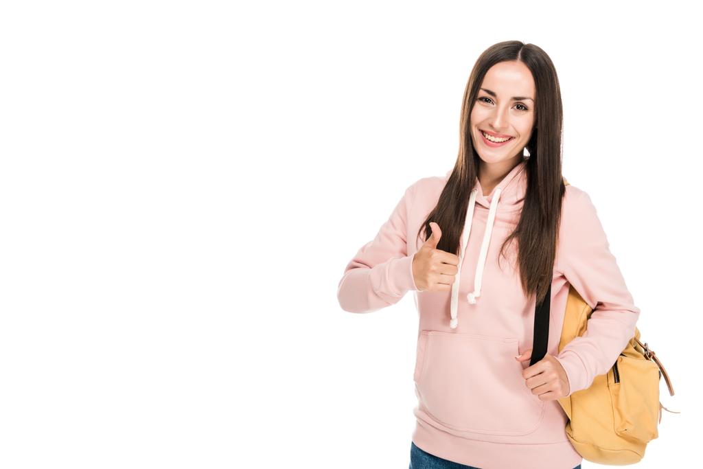 sorrindo menina morena com mochila mostrando polegar para cima isolado no branco
 - Foto, Imagem