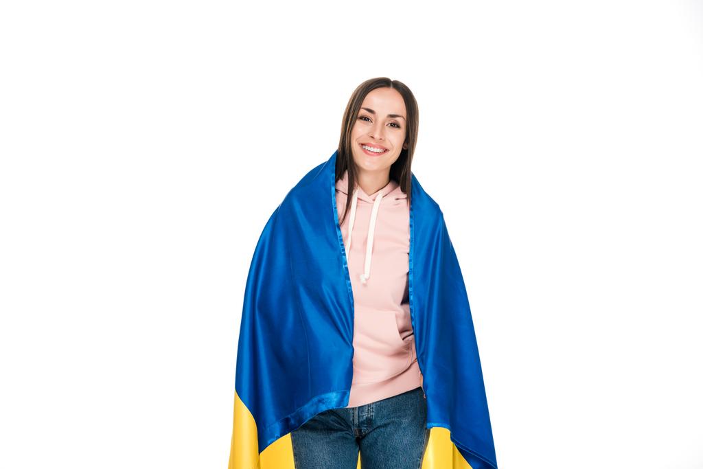 счастливая девушка с атласным флагом Украины, изолированная на белом
 - Фото, изображение