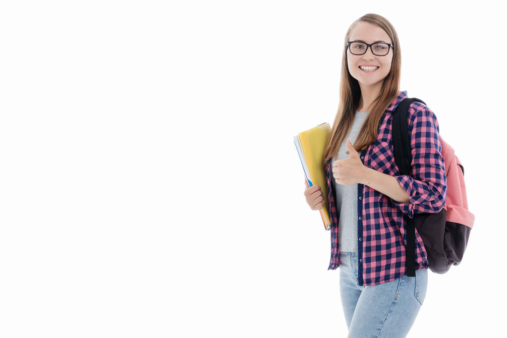 Προσωπογραφία κοριτσιού νεαρός φοιτητής σε λευκό φόντο - Φωτογραφία, εικόνα