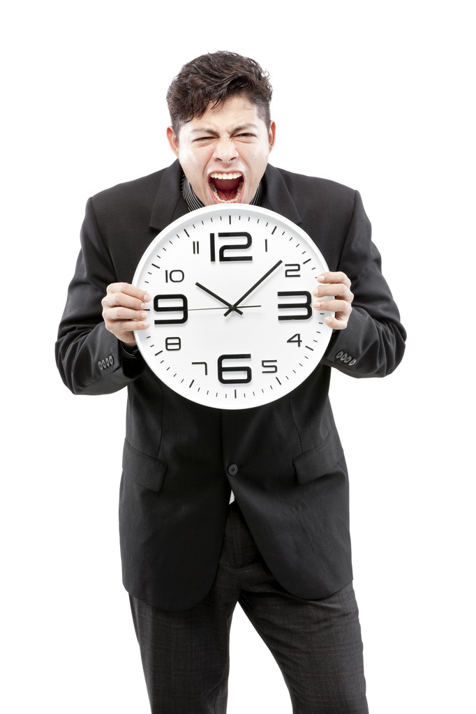 Time concept, Businessman holding big clock and give the expression on his face
 - Фото, изображение