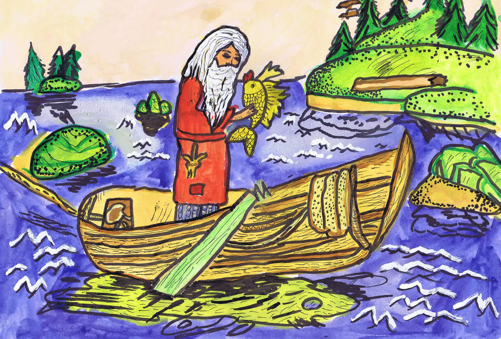 Ilustração ao conto de fadas por A.S. Pushkin "Conto do pescador e um pequeno peixe". Desenho infantil
 - Foto, Imagem