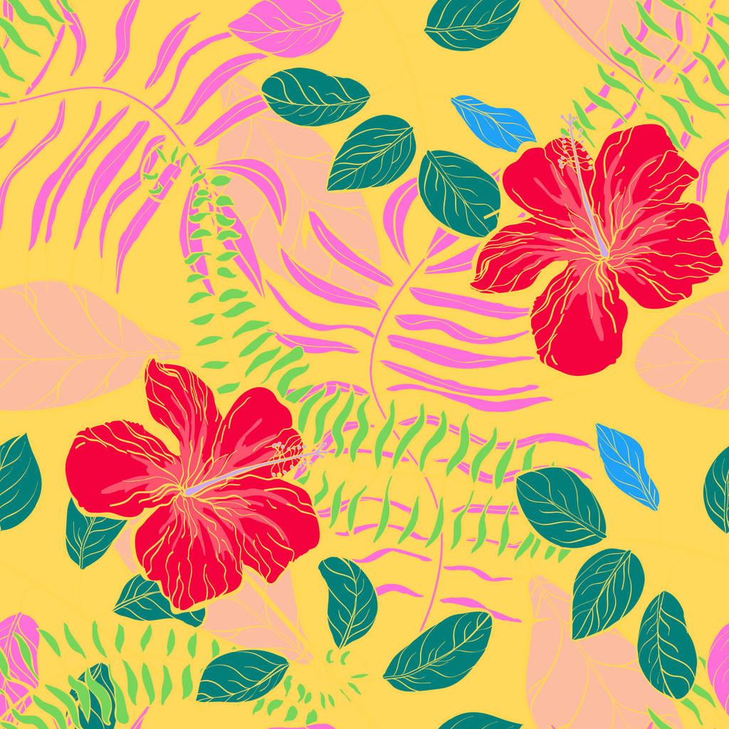 Tropikal çiçekler ve yapraklar orman deseni - Vektör, Görsel
