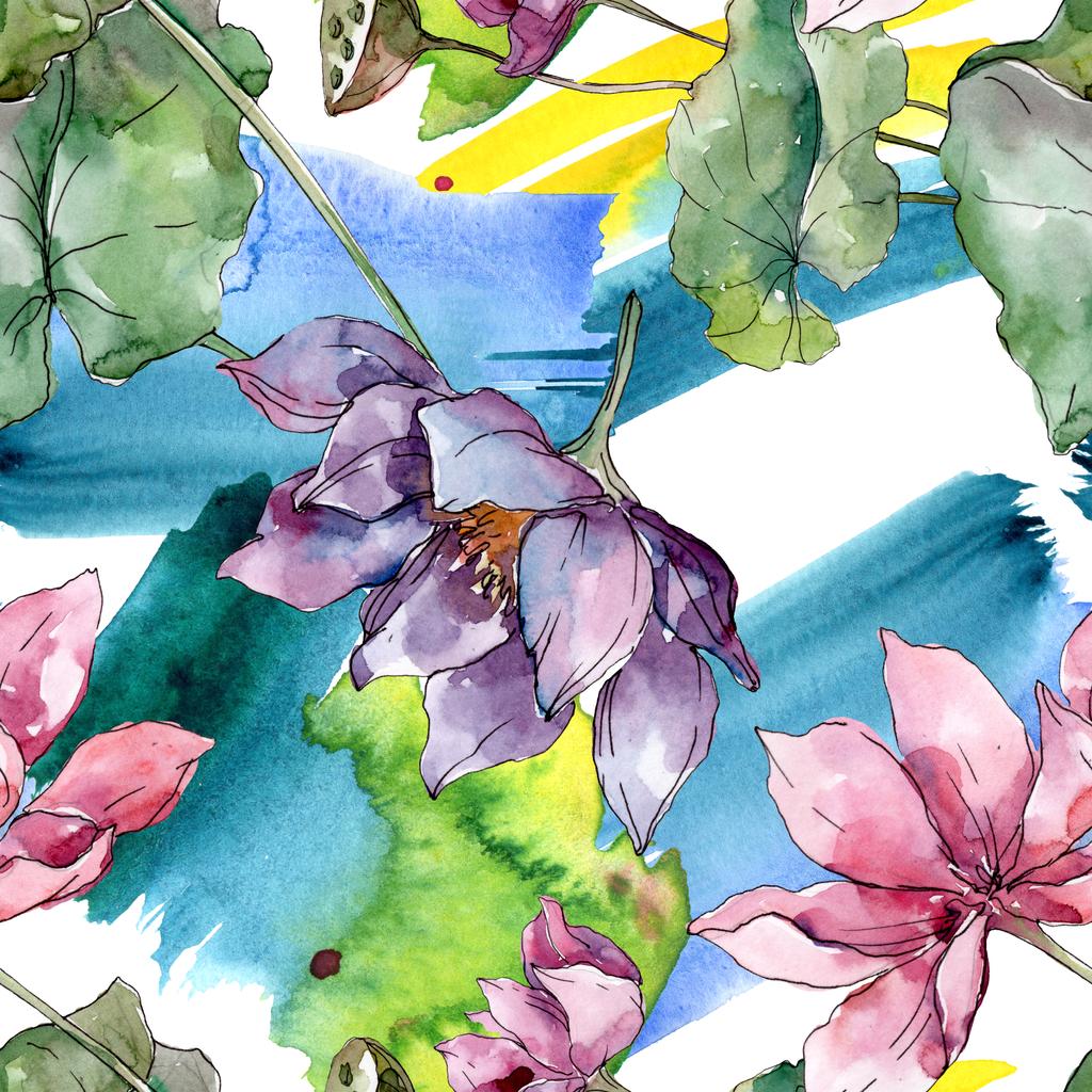 蓮の花の植物の花 野生の春の葉の野生の花 水彩イラストセット 水彩画ファッションアクアレル シームレスな背景パターン ファブリック壁紙プリントテクスチャ ロイヤリティフリー写真 画像素材