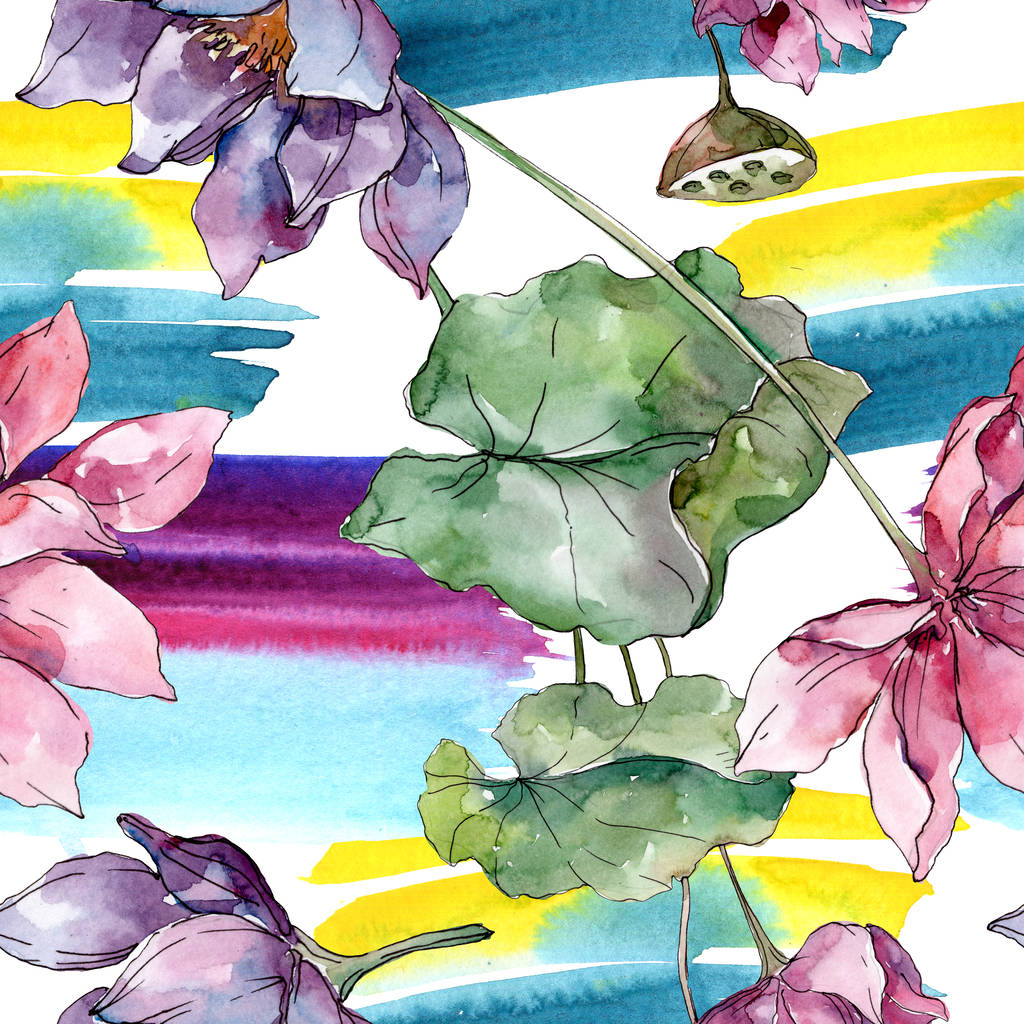 蓮の花の植物の花 野生の春の葉の野生の花 水彩イラストセット 水彩画ファッションアクアレル シームレスな背景パターン ファブリック壁紙プリントテクスチャ ロイヤリティフリー写真 画像素材