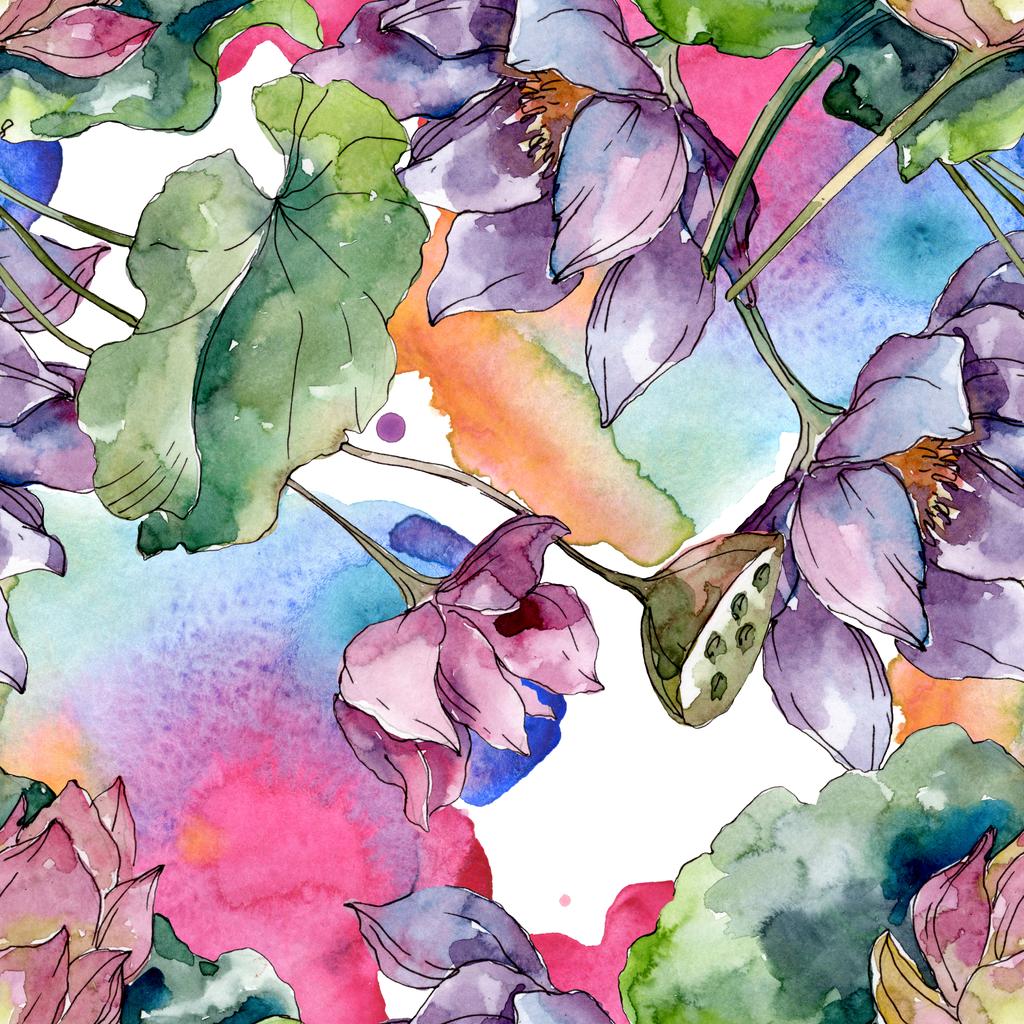Lotus floral botanical flowers. Wild spring leaf wildflower. Watercolor illustration set. Watercolour drawing fashion aquarelle. Seamless background pattern. Fabric wallpaper print texture. - Photo, Image
