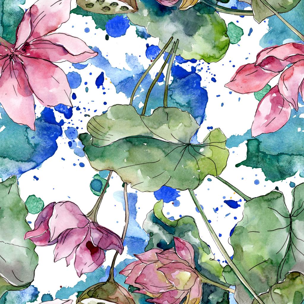 Lotus virág botanikai virágok. Vad tavaszi levél vadvirág. Akvarell illusztráció meg. Akvarell rajz divat Aquarelle. Folytonos háttérmintázat. Szövet tapéta nyomtatási textúra. - Fotó, kép