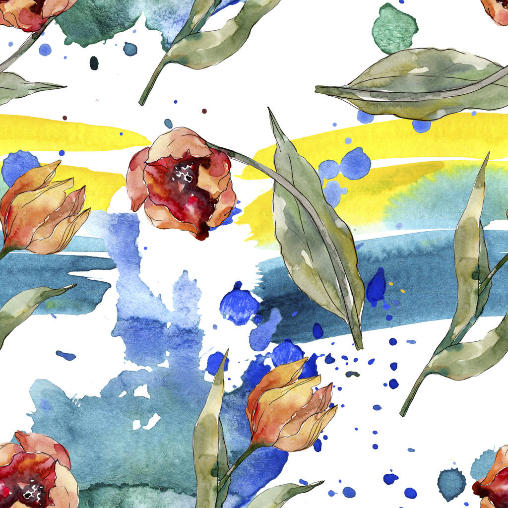 赤いチューリップの花の植物の花 野生の春の葉の野生の花 水彩イラストセット 水彩画ファッションアクアレル シームレスな背景パターン ファブリック壁紙プリントテクスチャ ロイヤリティフリー写真 画像素材