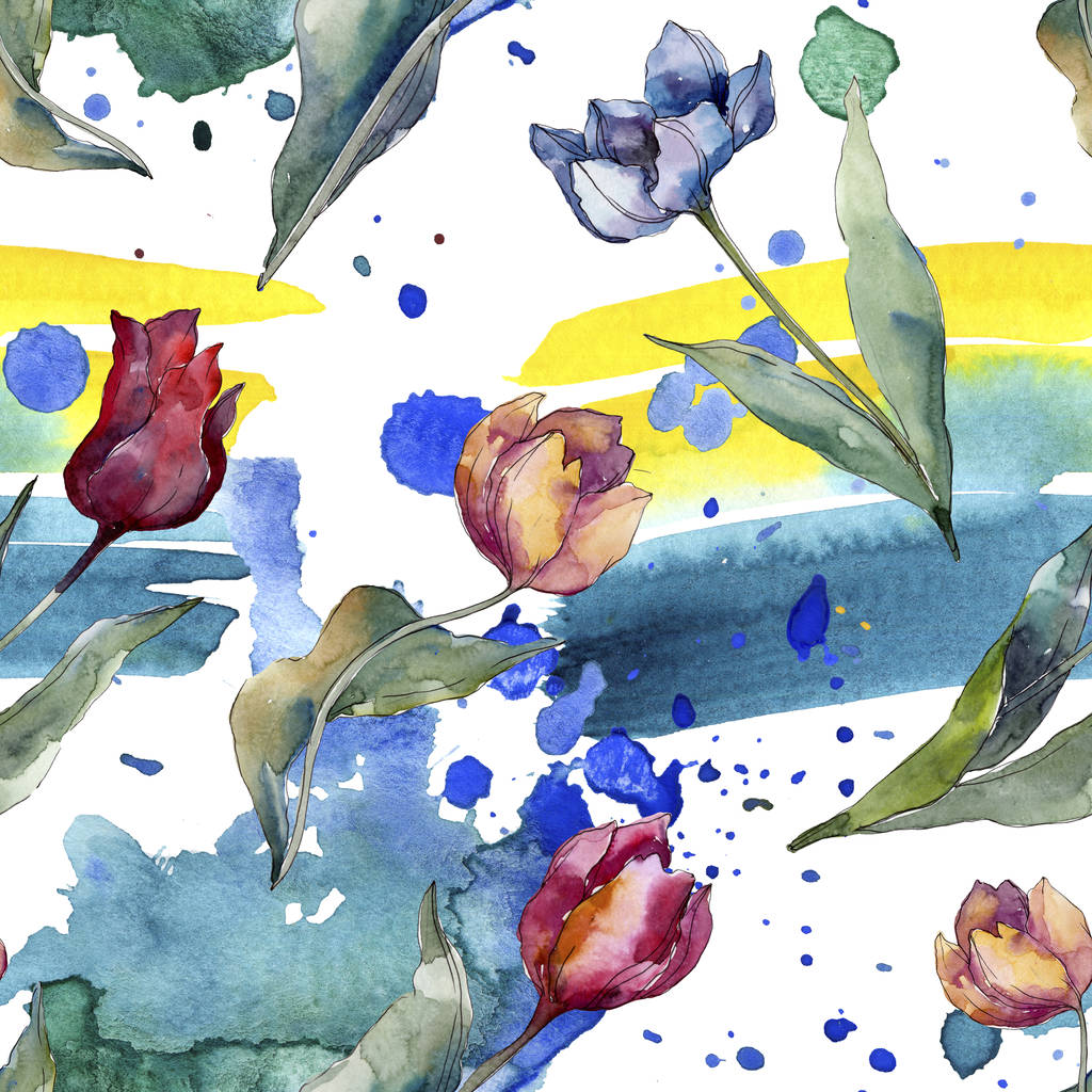 チューリップの花の植物の花。野生の春の葉の野生の花が孤立しました。●水彩イラストセット。水彩画ファッションアクアレル。シームレスな背景パターン。ファブリック壁紙プリントテクスチャ. - 写真・画像