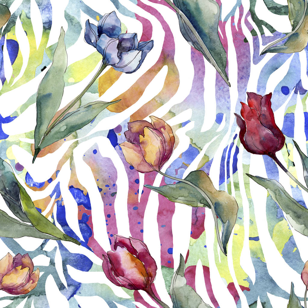 チューリップの花の植物の花。野生の春の葉の野生の花が孤立しました。●水彩イラストセット。水彩画ファッションアクアレル。シームレスな背景パターン。ファブリック壁紙プリントテクスチャ. - 写真・画像