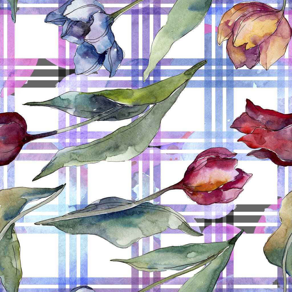 Tulipano fiori botanici floreali. Fiore selvatico primaverile isolato. Set illustrazione acquerello. Acquerello disegno moda acquerello. Modello di sfondo senza soluzione di continuità. Tessuto carta da parati stampa texture
. - Foto, immagini