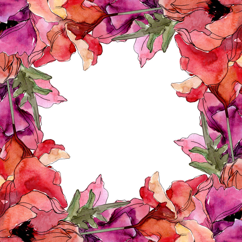 Klaproos Floral botanische bloem. Aquarel achtergrond illustratie instellen. Frame rand ornament vierkant. - Foto, afbeelding