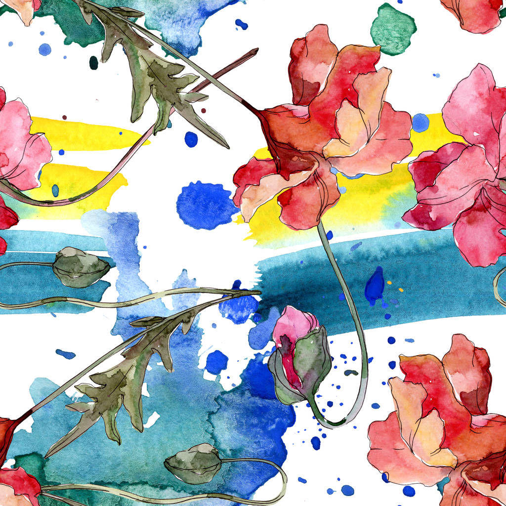 Παπαρούνα floral βοτανικό λουλούδι. Σύνολο εικονογράφησης φόντου. Ομαλή μοτίβο φόντου. - Φωτογραφία, εικόνα