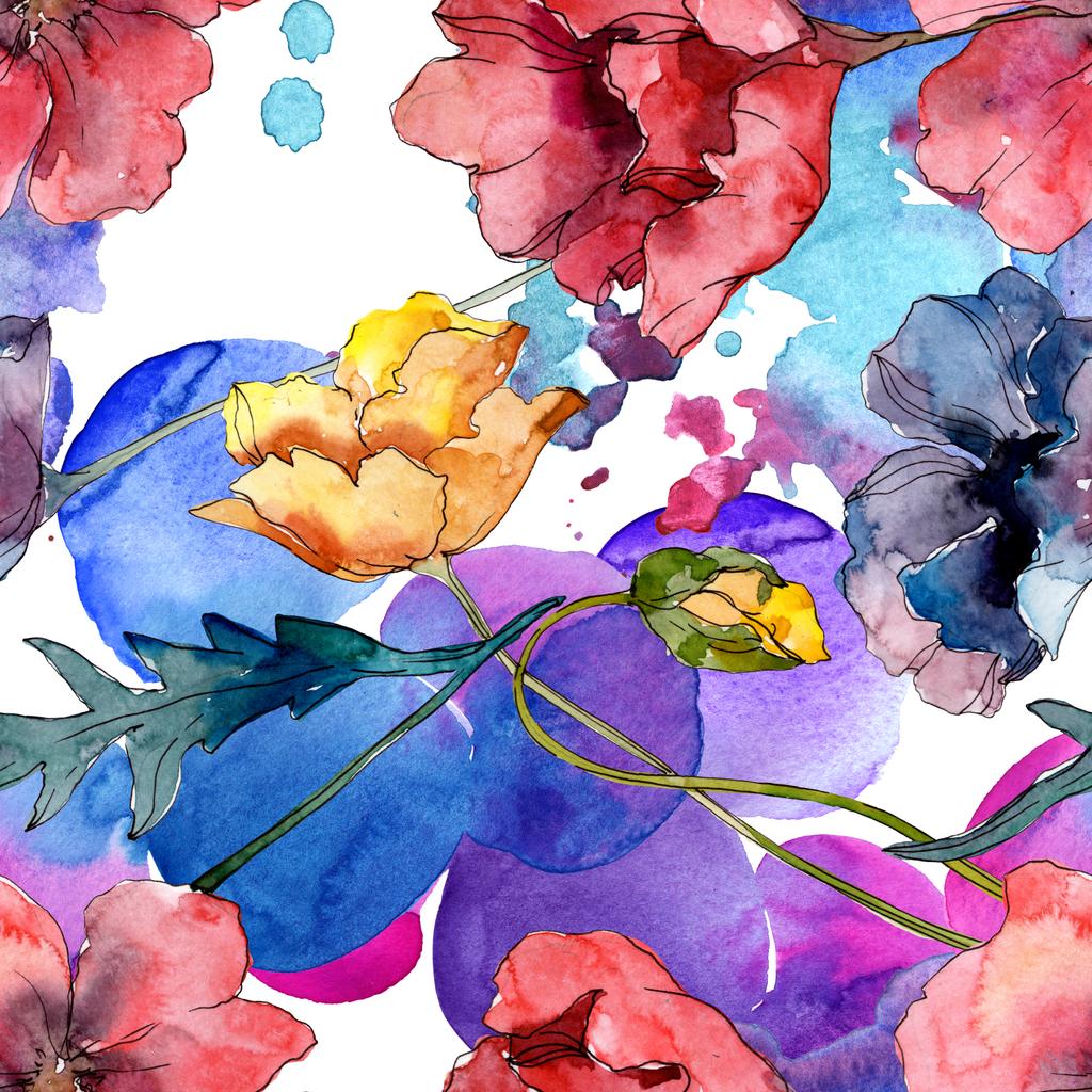 ポピーの花の植物の花 野生の春の葉の野生の花 水彩イラストセット 水彩画ファッションアクアレル シームレスな背景パターン ファブリック壁紙プリントテクスチャ ロイヤリティフリー写真 画像素材
