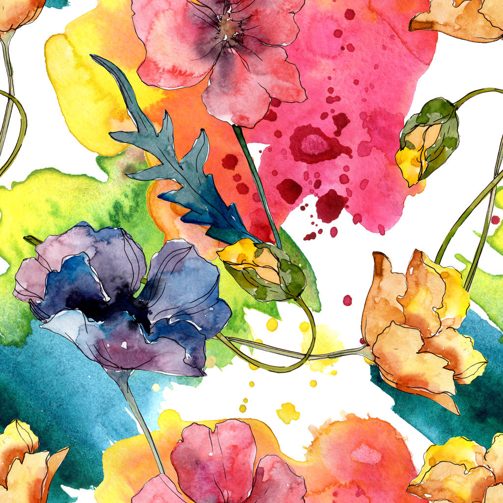 ポピーの花の植物の花 野生の春の葉の野生の花 水彩イラストセット 水彩画ファッションアクアレル シームレスな背景パターン ファブリック壁紙プリントテクスチャ ロイヤリティフリー写真 画像素材