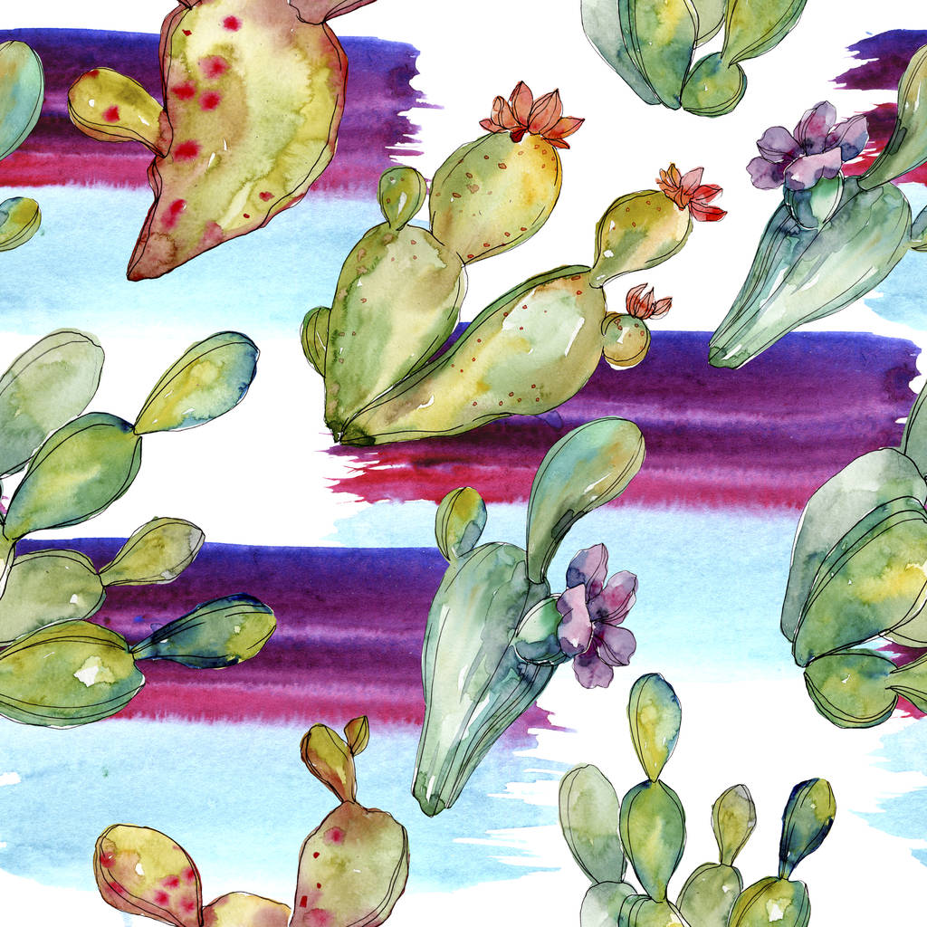 grüne Kakteen mit botanischen Blüten. Aquarell Hintergrundillustration Set. nahtloses Hintergrundmuster. - Foto, Bild