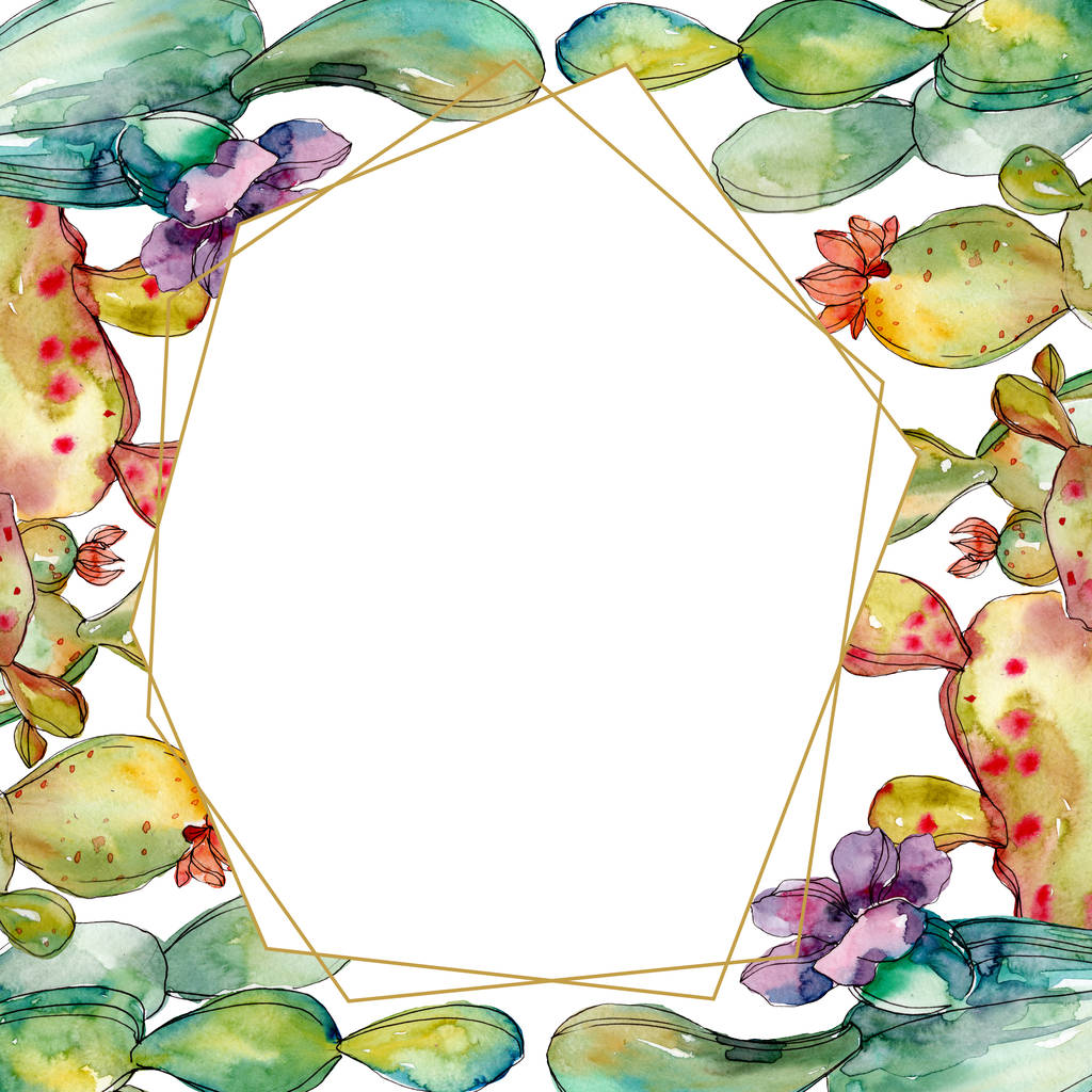 Cacto verde flores botânicas florais. Conjunto de ilustração de fundo aquarela. Quadro borda ornamento quadrado
. - Foto, Imagem
