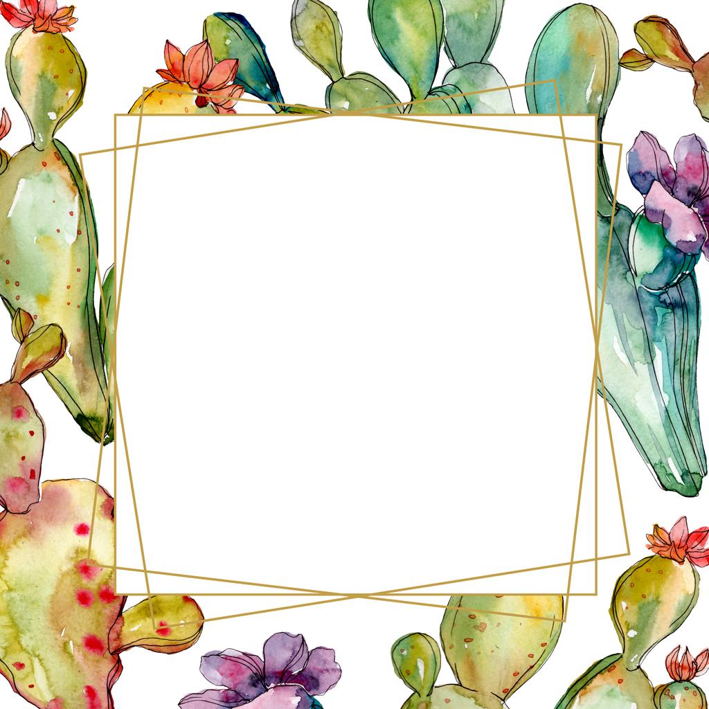 Fleurs botaniques florales de cactus vert. Ensemble d'illustration de fond aquarelle. Cadre bordure ornement carré
. - Photo, image