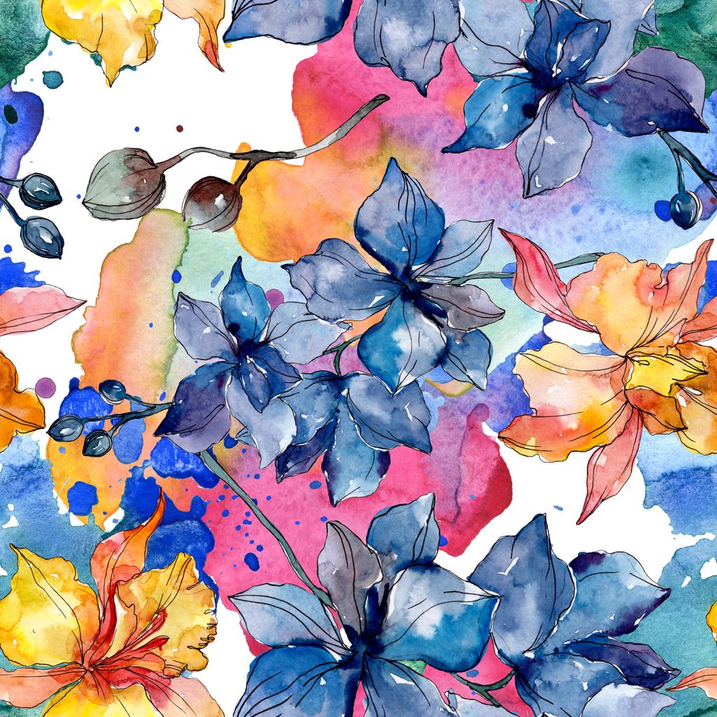 蘭の花の植物の花 野生の春の葉の野生の花 水彩イラストセット 水彩画ファッションアクアレル シームレスな背景パターン ファブリック壁紙プリントテクスチャ ロイヤリティフリー写真 画像素材
