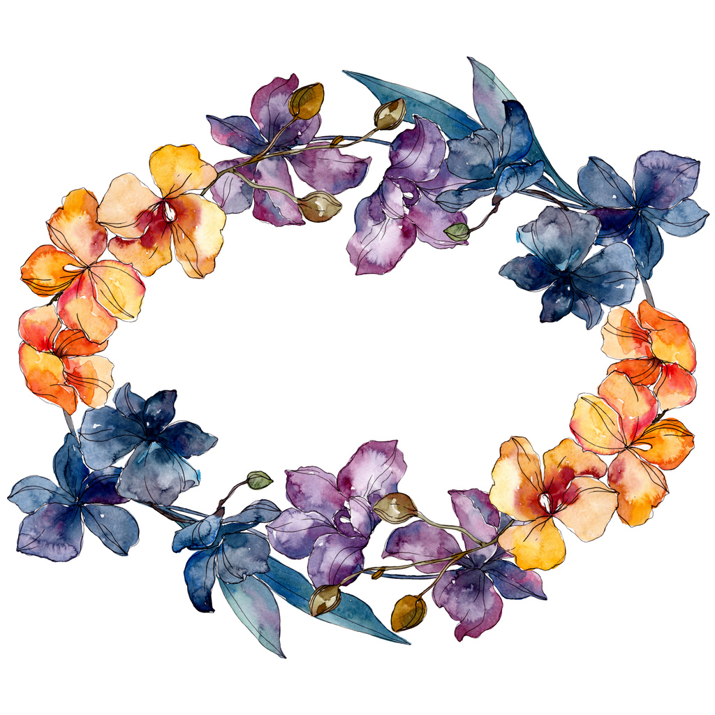 Orchidee florale botanische Blumen. Aquarell Hintergrundillustration Set. Rahmen Rand Ornament Quadrat. - Foto, Bild