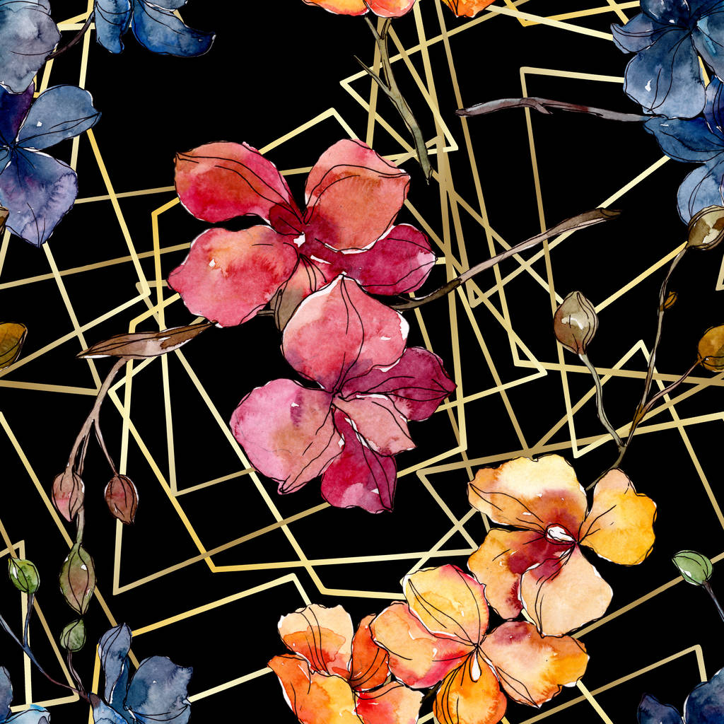 Orchidea virág botanikai virágok. Akvarell háttér illusztráció meg. Folytonos háttérmintázat. - Fotó, kép