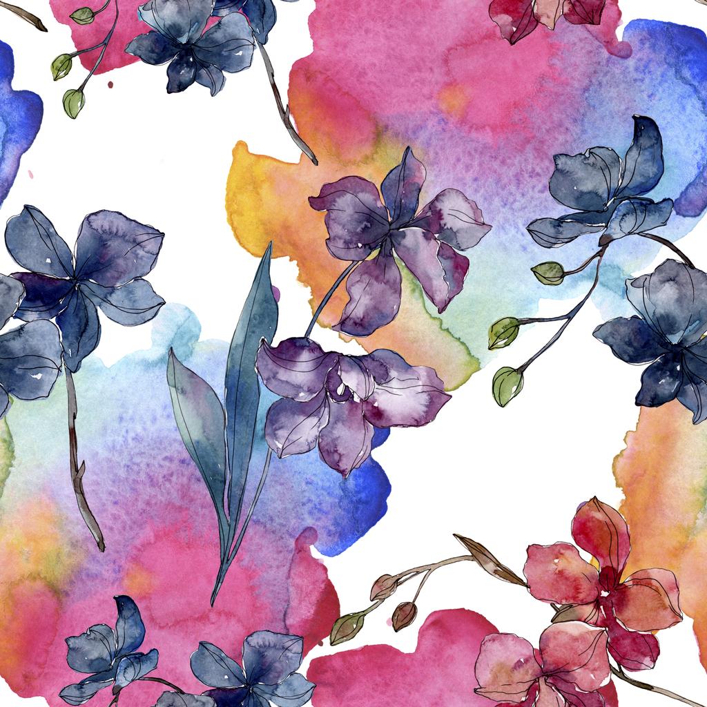 Orchidee bloemen botanische bloemen. Aquarel achtergrond illustratie instellen. Naadloos achtergrond patroon. - Foto, afbeelding