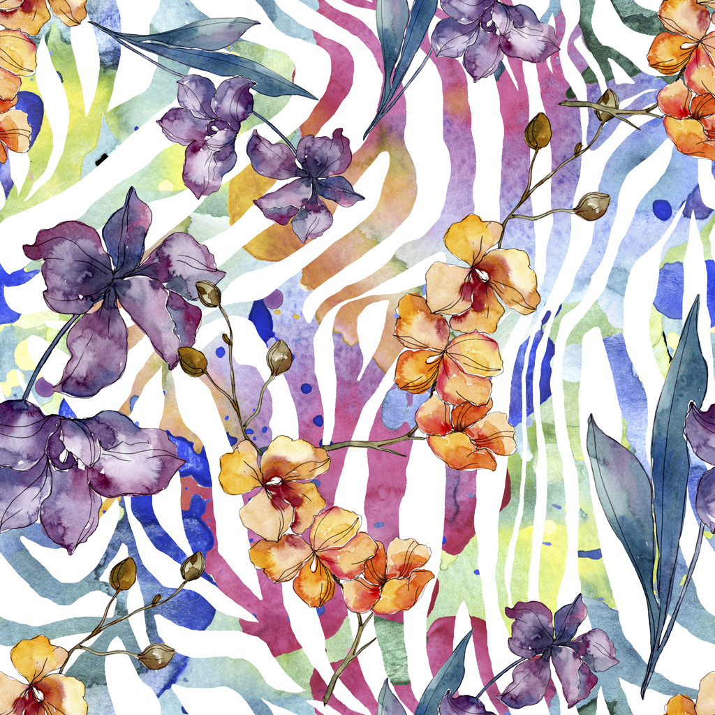 Orquídea flores botánicas florales. Conjunto de ilustración de fondo acuarela. Patrón de fondo sin costuras
. - Foto, Imagen