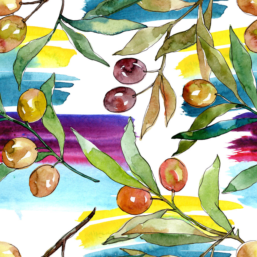 Оливковая ветвь с черными и зелеными фруктами. Набор акварельных фонов. Бесшовный рисунок фона
. - Фото, изображение