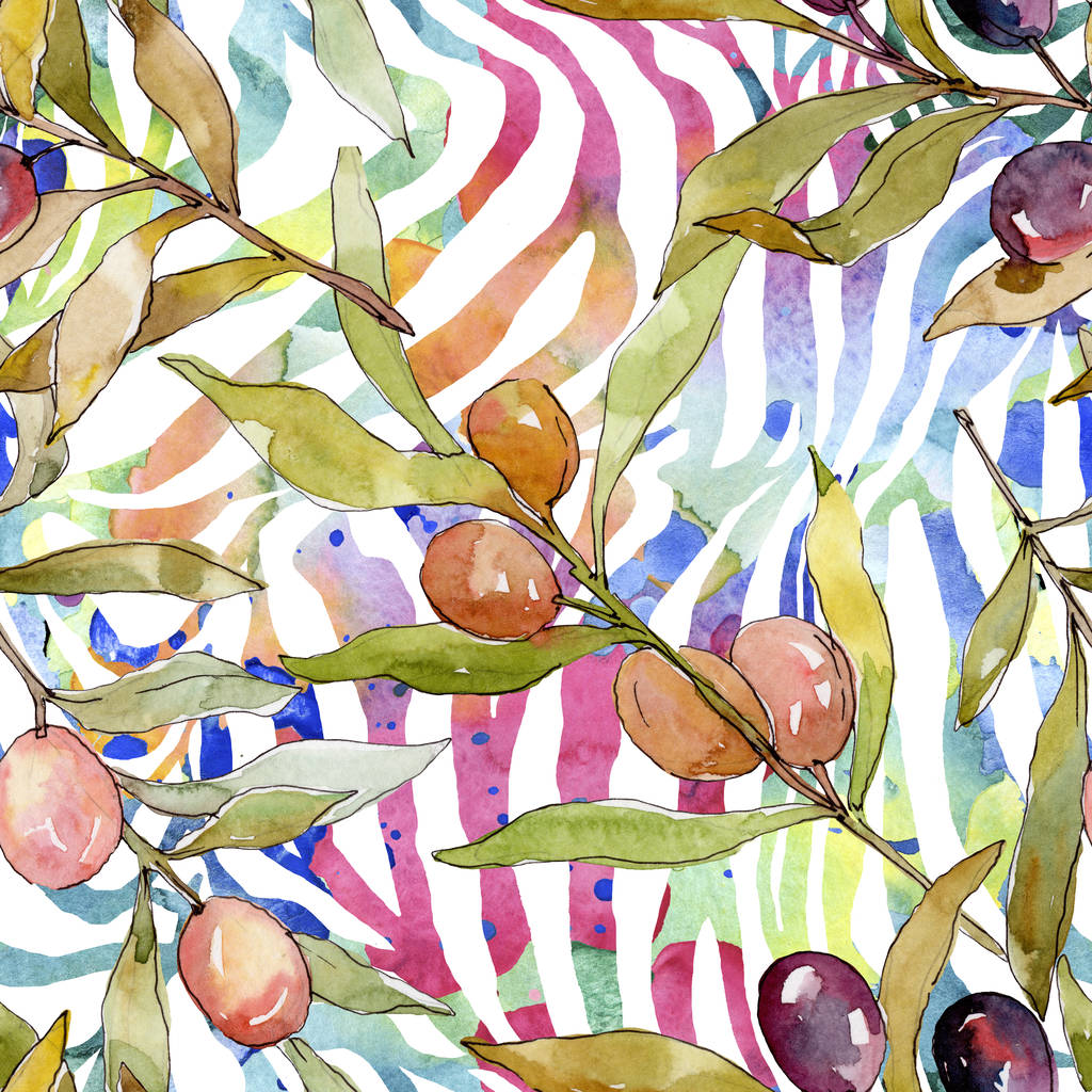 Olive Branch met zwart en groen fruit. Aquarel achtergrond illustratie set. Aquarel tekening mode Aquarelle geïsoleerd. Naadloze achtergrond patroon. Stof behang print textuur. - Foto, afbeelding