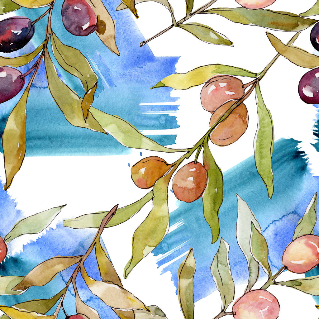 Olive branch with black and green fruit. Watercolor background illustration set. Watercolour drawing fashion aquarelle isolated. Seamless background pattern. Fabric wallpaper print texture. - Photo, Image