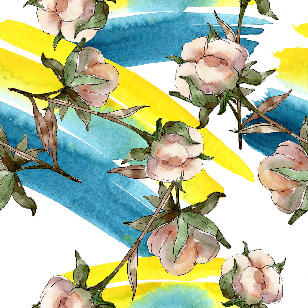 Fehér pamut virágos botanikai virágok. Akvarell illusztráció meg. Folytonos háttérmintázat. Háttérkép nyomtatási textúra. - Fotó, kép