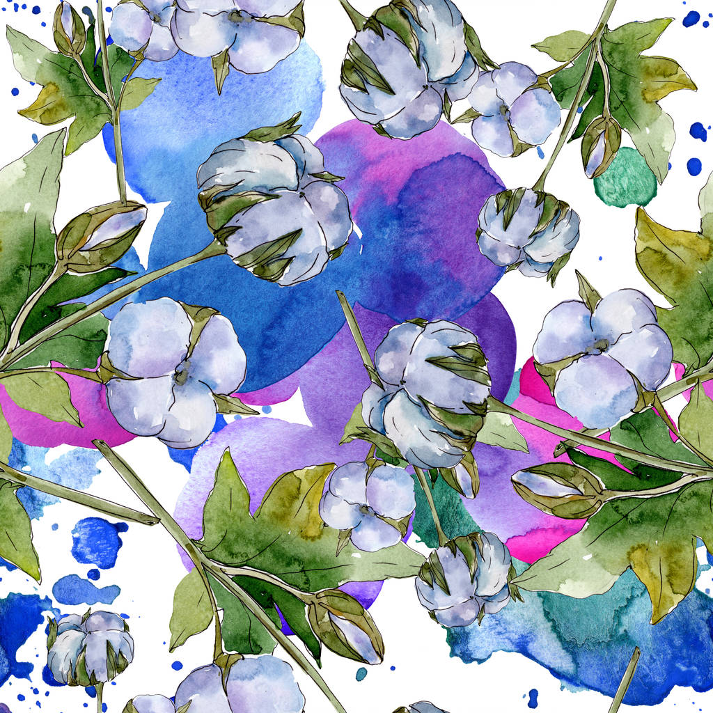 Biały bawełna kwiatowy kwiatów botanicznych. Zestaw ilustracji akwarela. Wzór tła bez szwu. Tapeta wydruk tekstury. - Zdjęcie, obraz