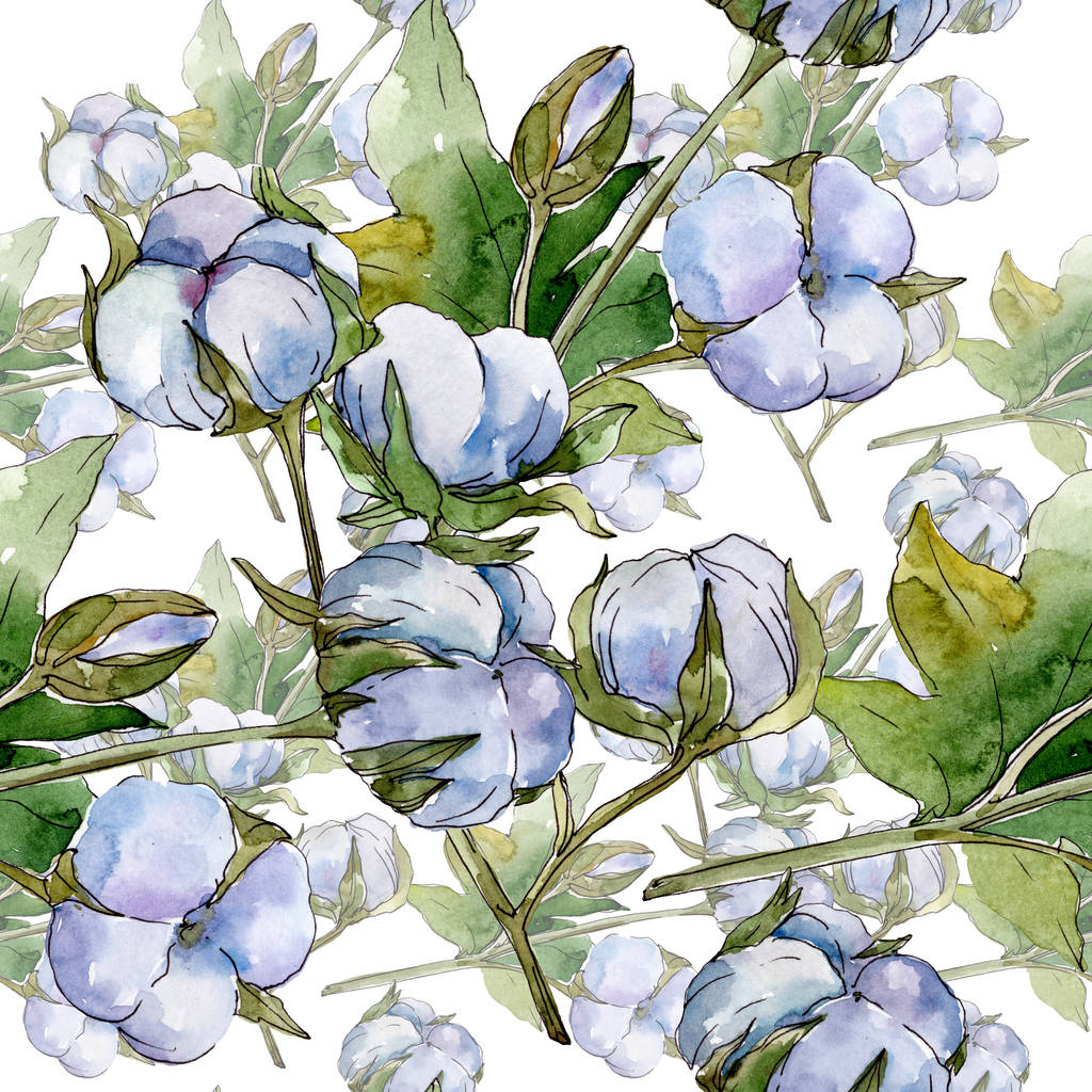白い綿の花の植物の花 水彩イラストセット シームレスな背景パターン 壁紙プリントテクスチャ ロイヤリティフリー写真 画像素材
