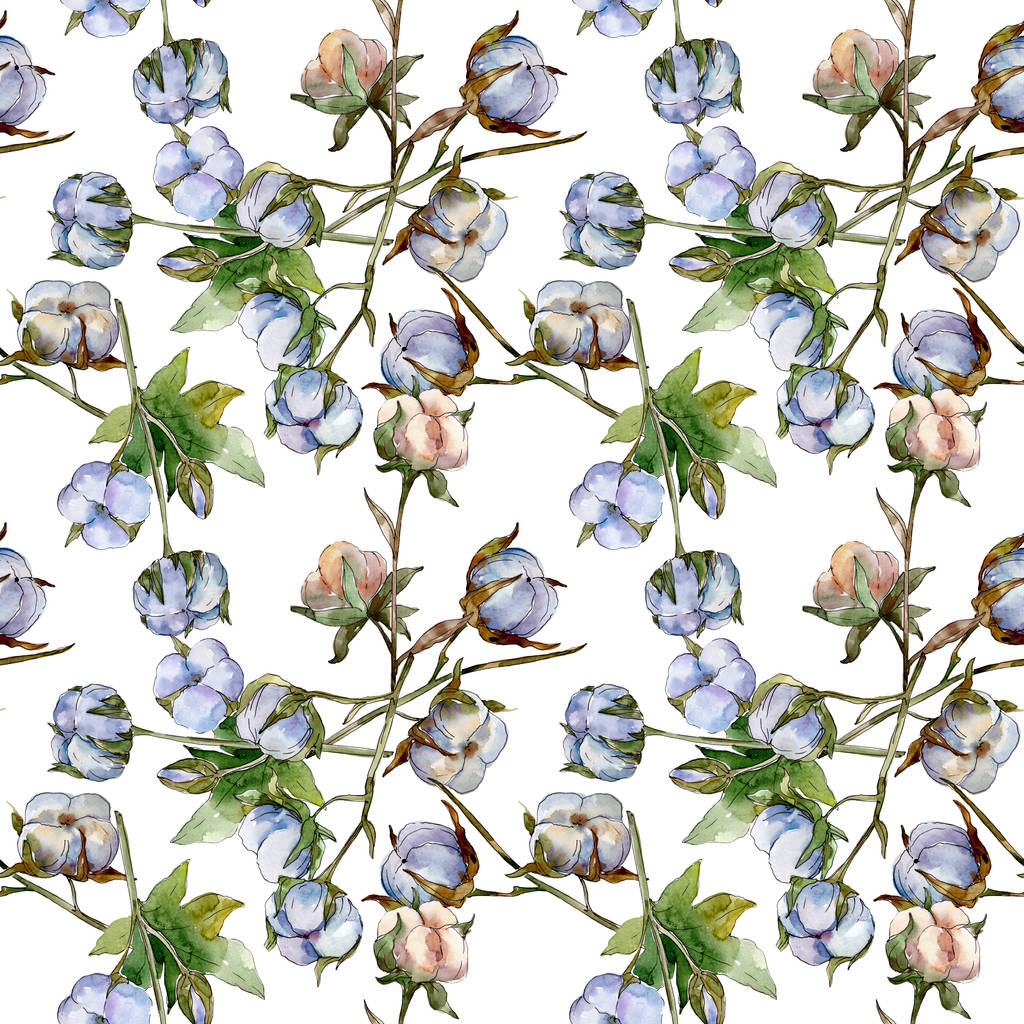 Fiori botanici floreali in cotone bianco. Set illustrazione acquerello. Modello di sfondo senza soluzione di continuità. Carta da parati stampa texture
. - Foto, immagini
