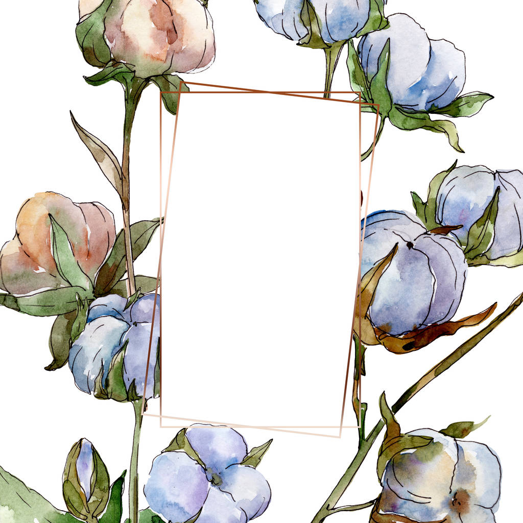 Fleurs botaniques florales en coton blanc. Ensemble d'illustration de fond aquarelle. Cadre bordure cristal ornement avec espace de copie
. - Photo, image