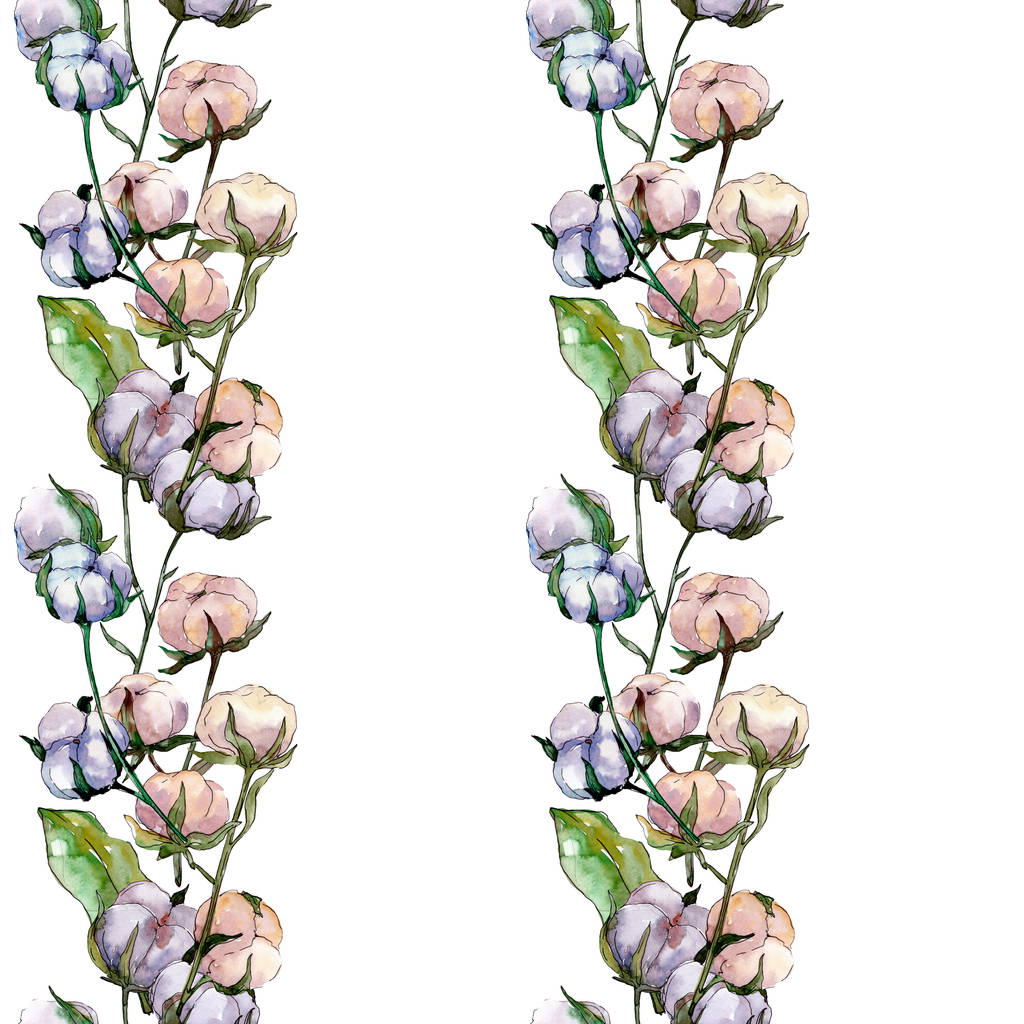 Βαμβακερό λουλουδάτο βοτανικό λουλούδι. Άγριο λουλούδι φύλλων ελατηρίου. Σετ εικονογράφησης. Ακουαρέλεςζωγραφική μόδας. Ομαλή μοτίβο φόντου. Ύφασμα ταπετσαρία εκτύπωσης υφή. - Φωτογραφία, εικόνα