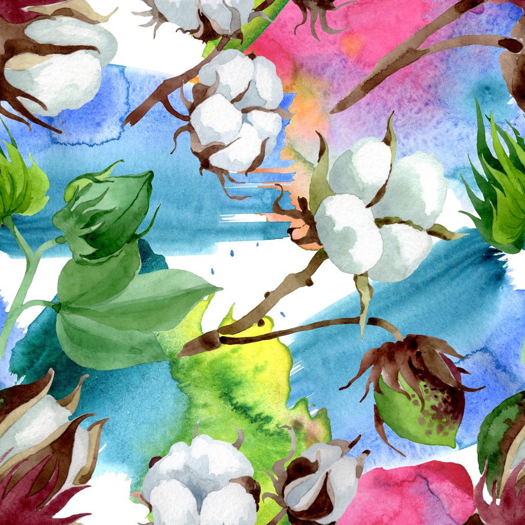 Beyaz pamuk çiçek botanik çiçek. Yabani bahar yaprağı kır çiçeği. Suluboya illüstrasyon seti. Suluboya çizim moda aquarelle. Kusursuz arka plan deseni. Kumaş duvar kağıdı baskı doku. - Fotoğraf, Görsel