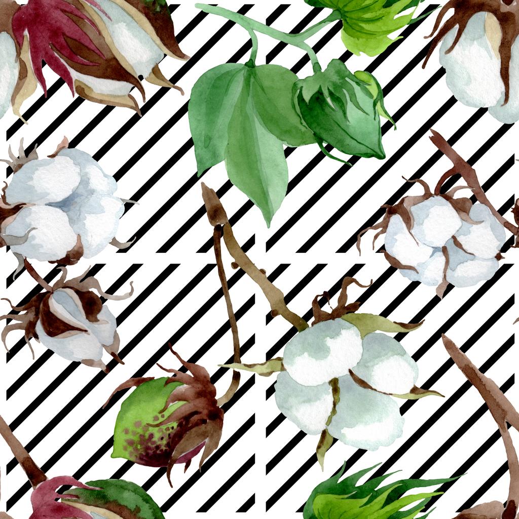 白い綿の花の植物の花。野生の春の葉の野生の花。●水彩イラストセット。水彩画ファッションアクアレル。シームレスな背景パターン。ファブリック壁紙プリントテクスチャ. - 写真・画像