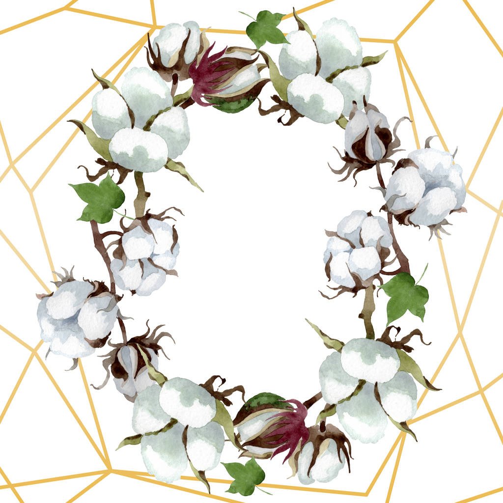 Λευκό βαμβακερό λουλουδάτο βοτανικό λουλούδι. Άγριο λουλούδι φύλλων ελατηρίου. Σύνολο εικονογράφησης φόντου. Ακουαρέλεςζωγραφική μόδας. Πλαίσιο περιγράμματος κρυστάλλινο στολίδι τετράγωνο. - Φωτογραφία, εικόνα